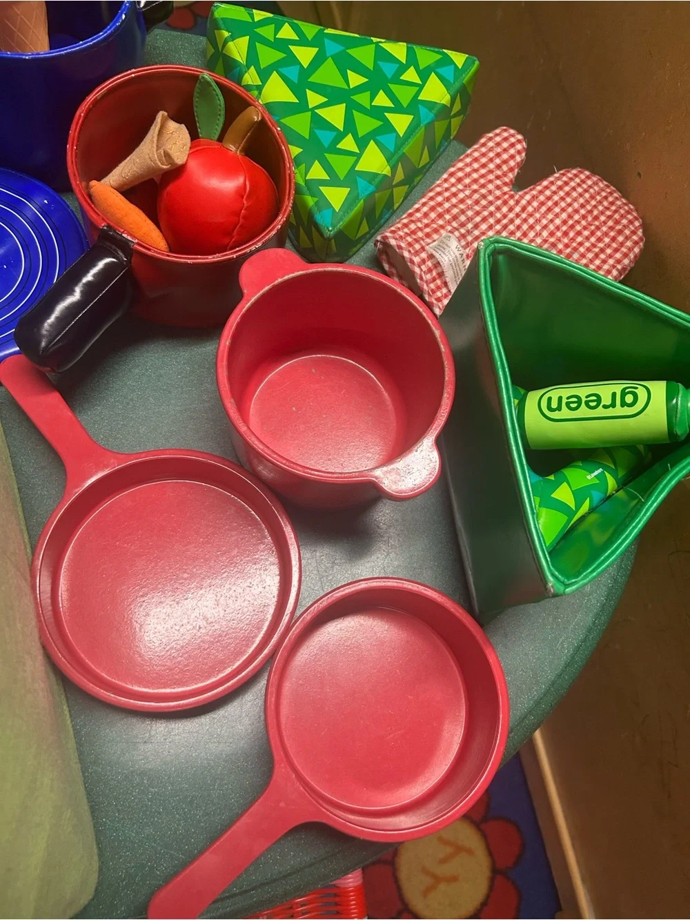 Kitchen play- colorful pans, food and wooden mixer